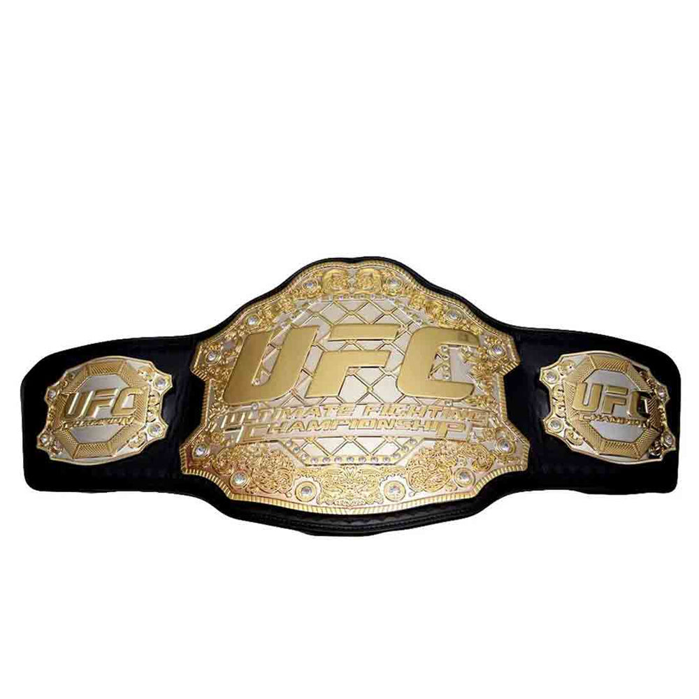 UFC heavyweight championship belt with gold plates and black leather strap by Wrestling Title Belts