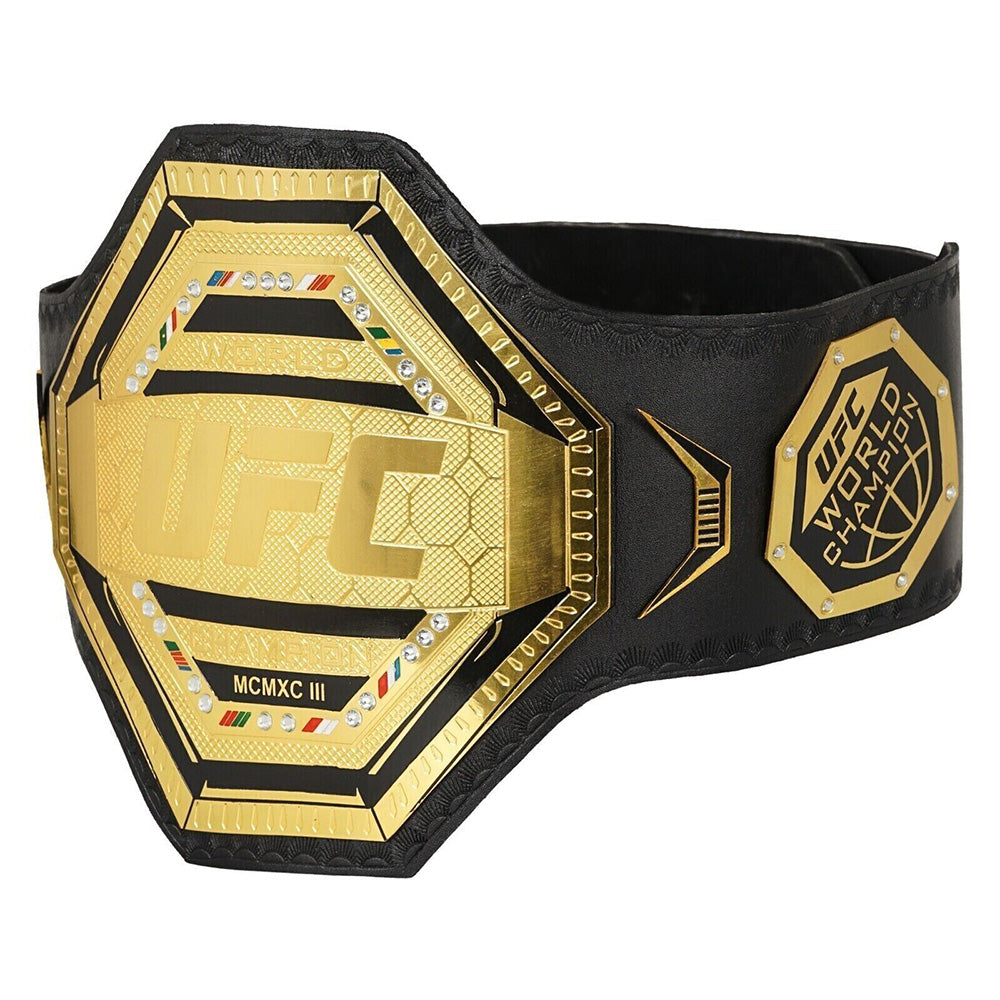 UFC legacy championship belt replica with gold plates and black leather strap from Wrestling Title Belts
