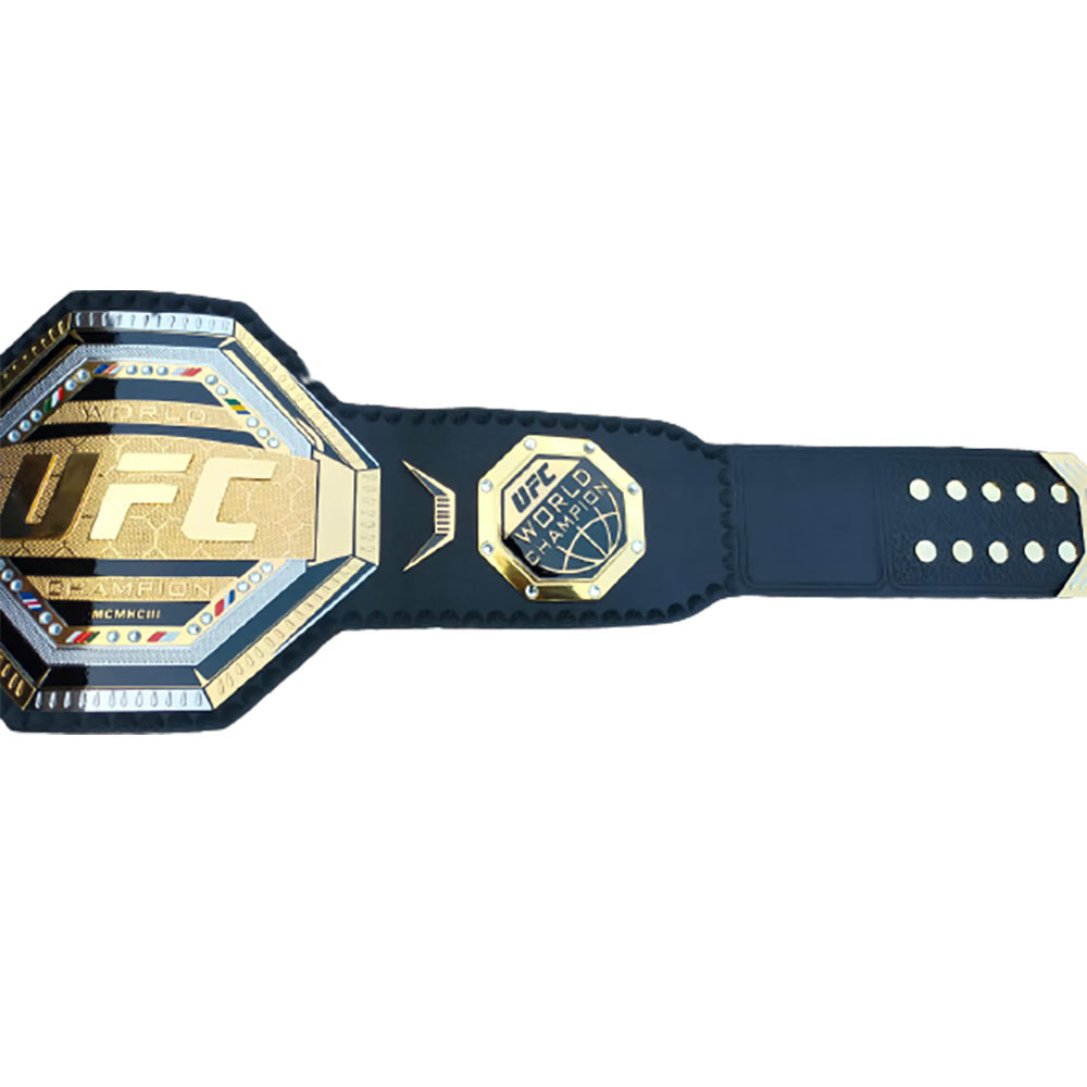 UFC legacy heavyweight championship replica belt with gold plates and black strap from Wrestling Title Belts
