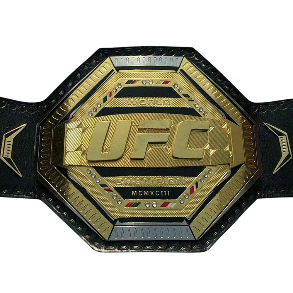 UFC championship replica belt with gold octagonal center plate and black leather strap