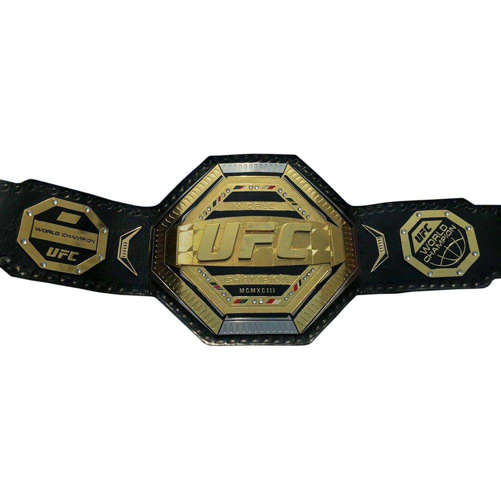 UFC championship replica belt with gold and black detailing and UFC logo from Wrestling Title Belts