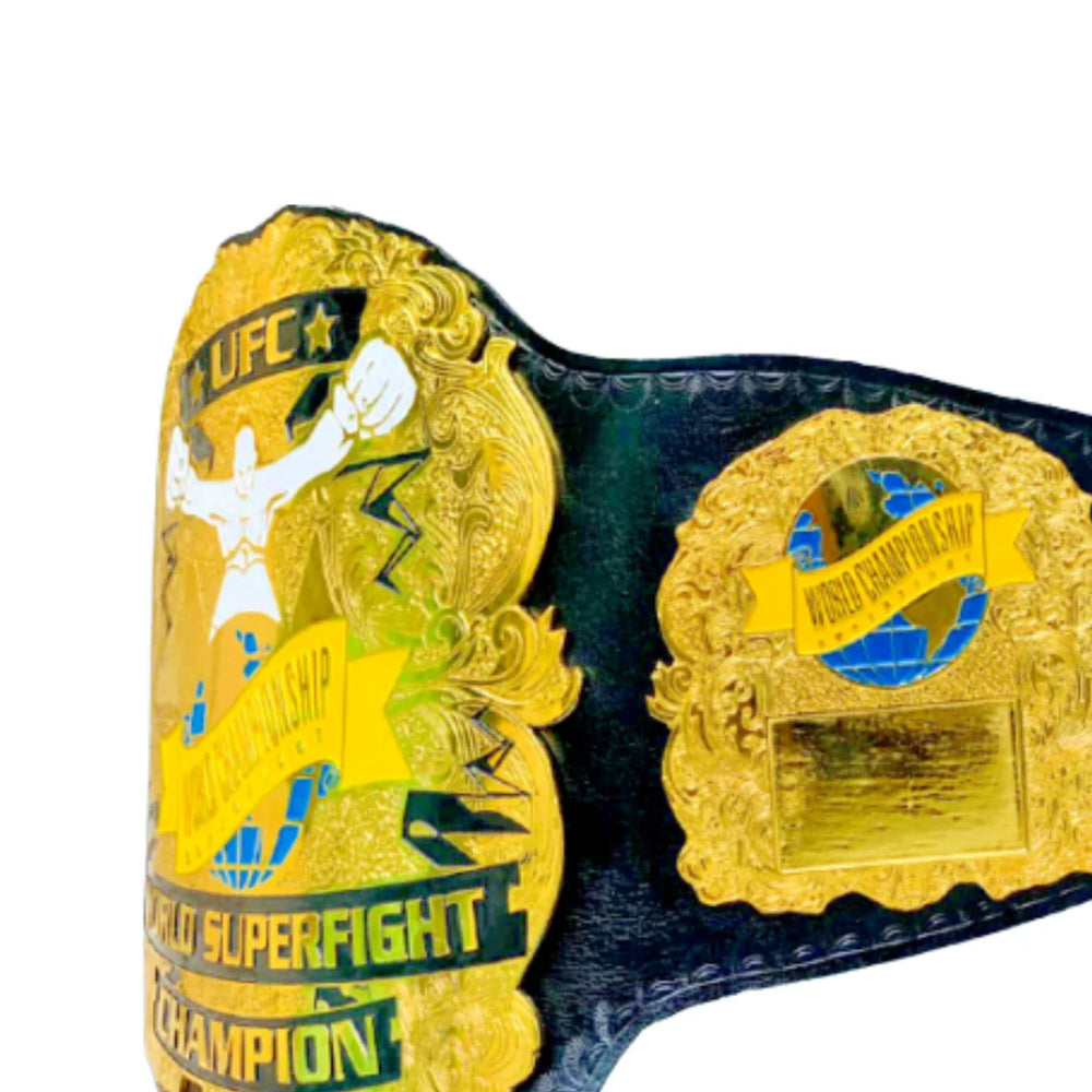 Ultimate fighting championship belt for sale with gold plates and black leather strap by Wrestling Title Belts