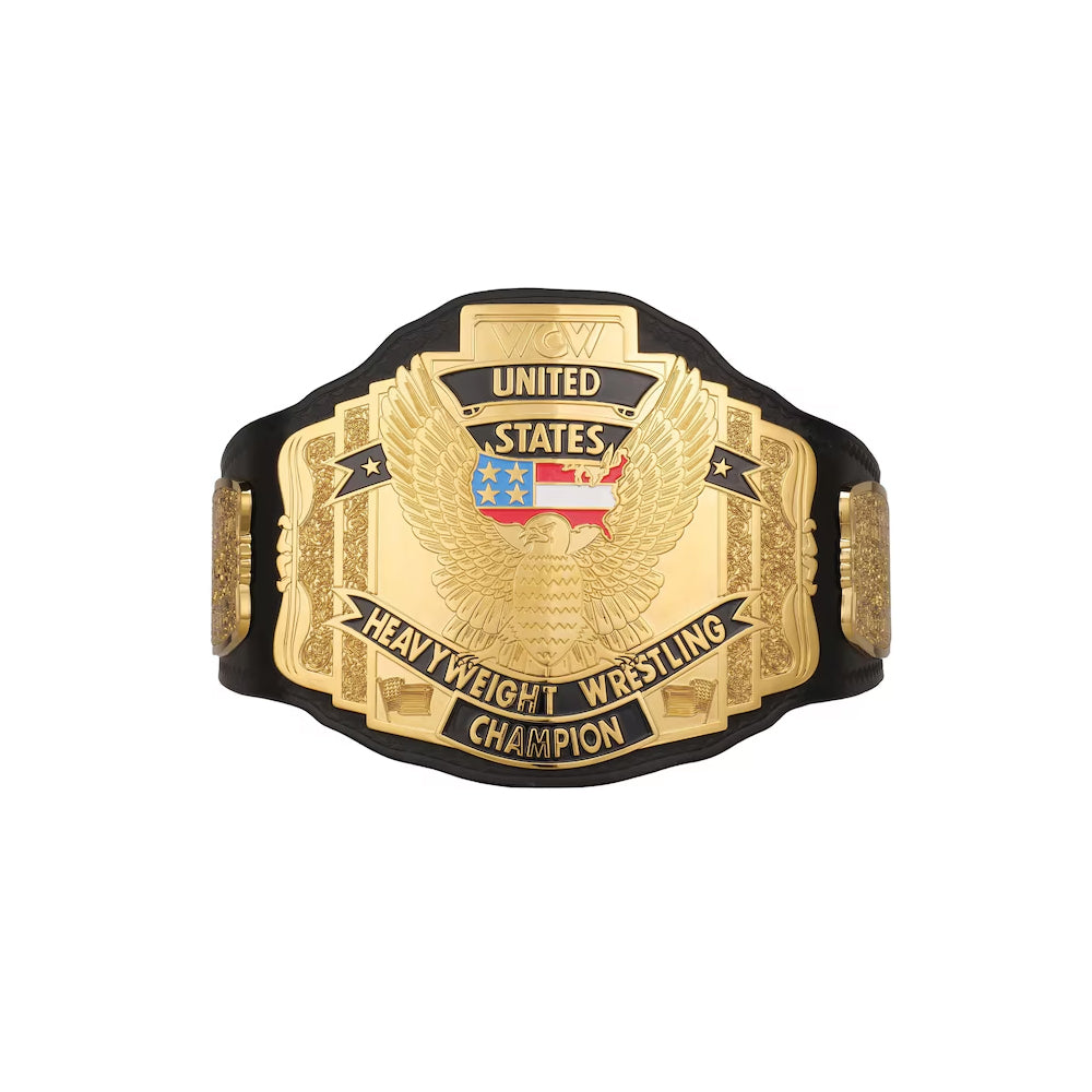 United States Championship replica belt with gold plate and black leather strap by Wrestling Title Belts