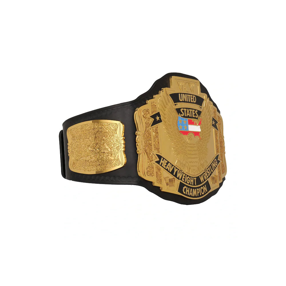 United States Championship replica belt with gold plates and black strap from Wrestling Title Belts