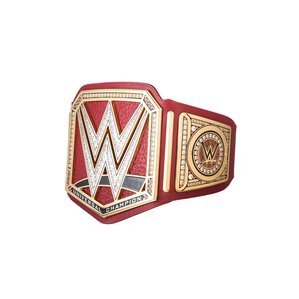 WWE universal championship replica belt with red strap and detailed gold and silver plating