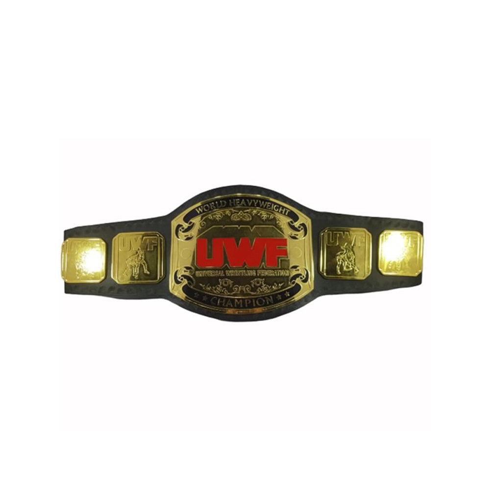 Universal Wrestling Federation heavyweight belt with gold plates and black strap from Wrestling Title Belts