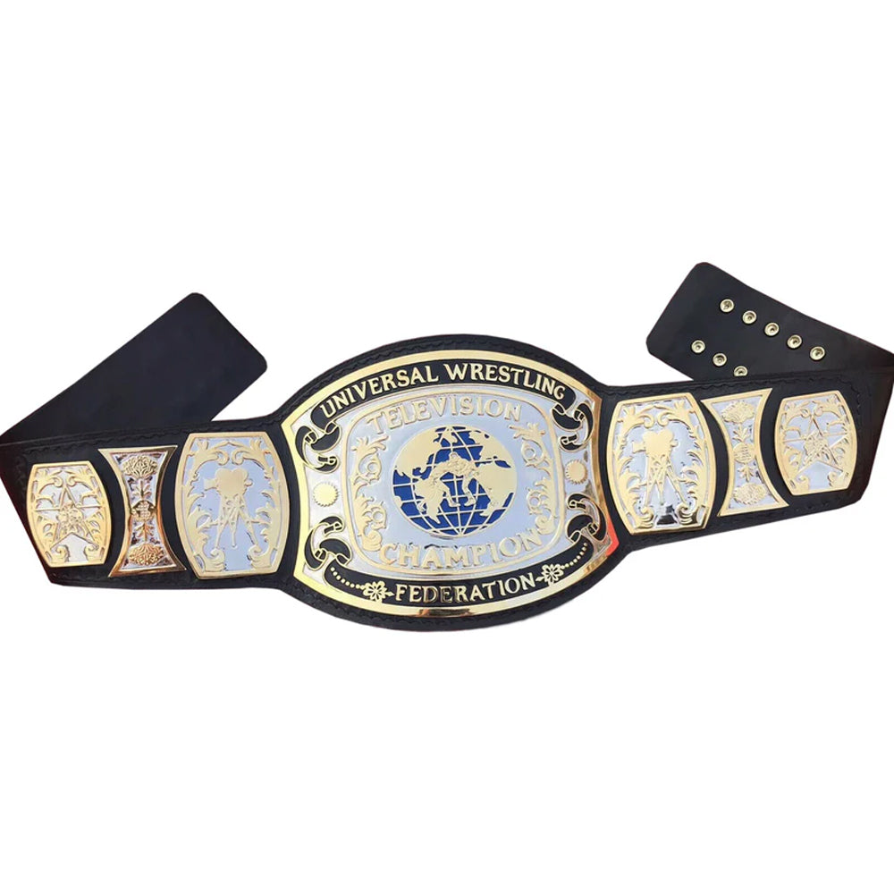 UWF wrestling championship belt with detailed gold and silver plates and black leather strap