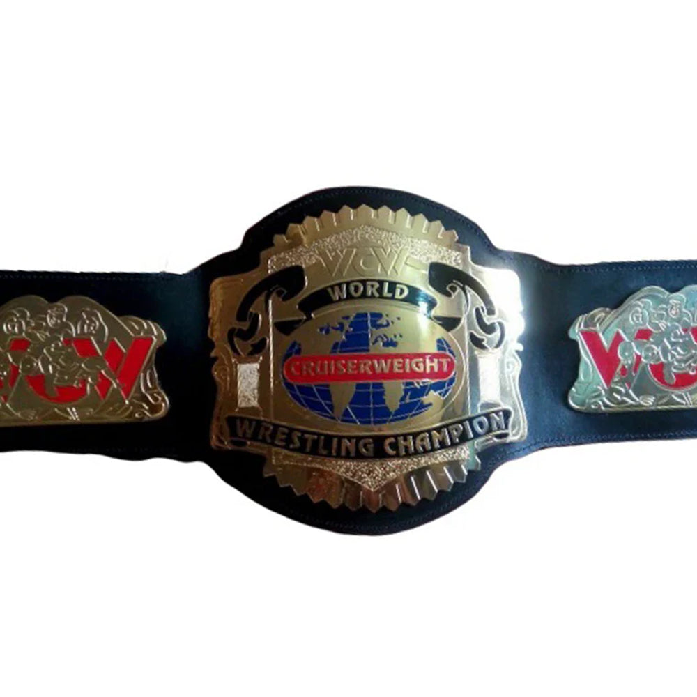 WCW Cruiserweight Championship belt with gold plates and black strap from Wrestling Title Belts