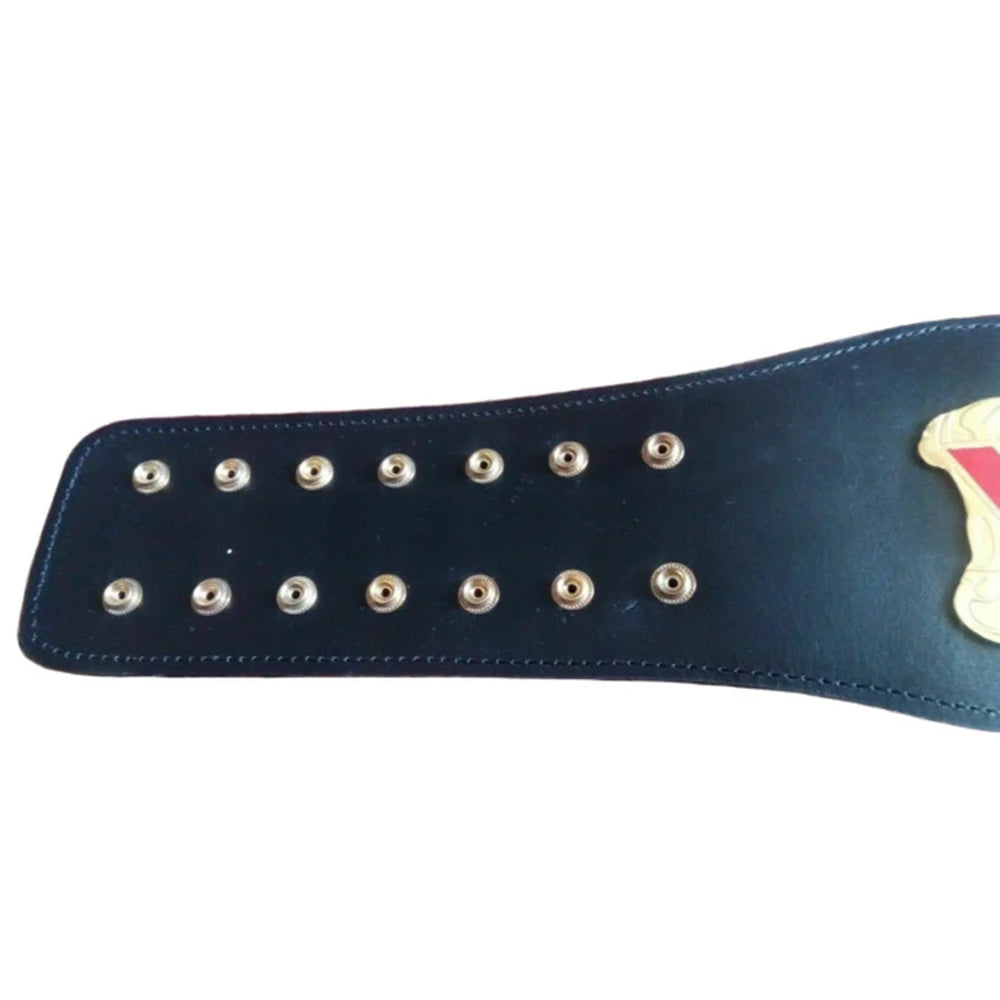 Black leather strap with gold snaps of WCW Cruiserweight Championship belt by Wrestling Title Belts