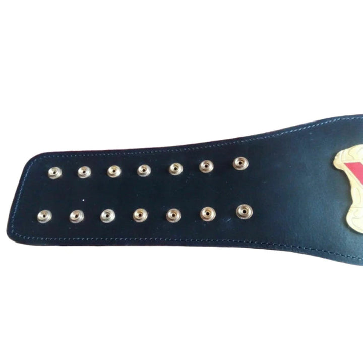 Black leather strap with gold snaps of WCW Cruiserweight Championship belt by Wrestling Title Belts