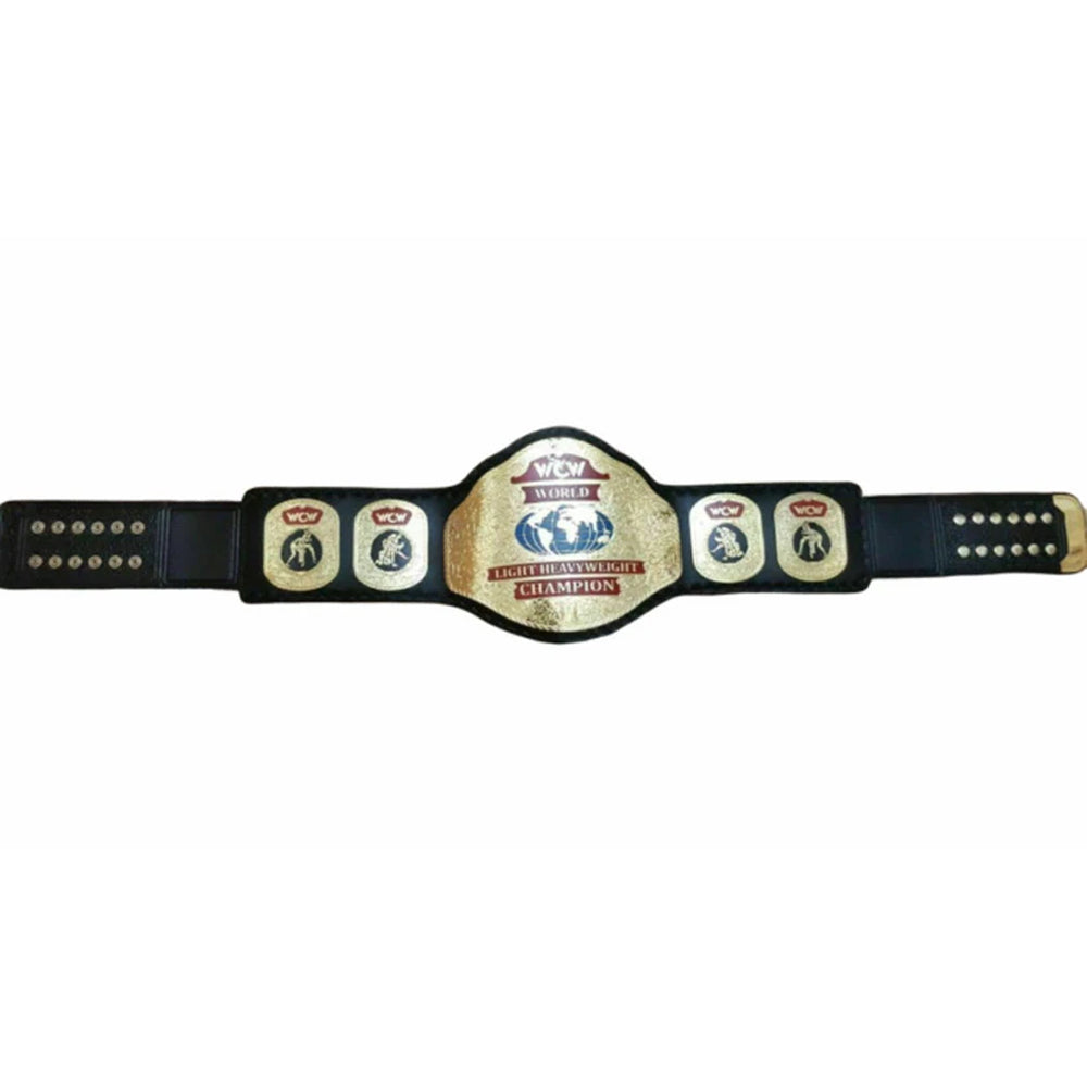 WCW light heavyweight championship belt with black strap and gold center plate by Wrestling Title Belts
