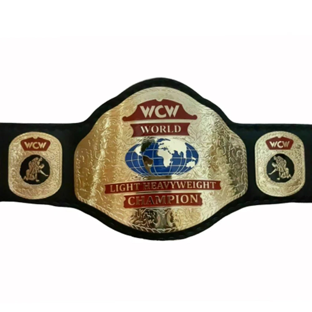 WCW light heavyweight championship belt with gold plates and black strap from Wrestling Title Belts