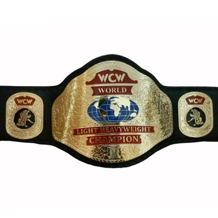 WCW light heavyweight championship belt with gold plates and black strap from Wrestling Title Belts