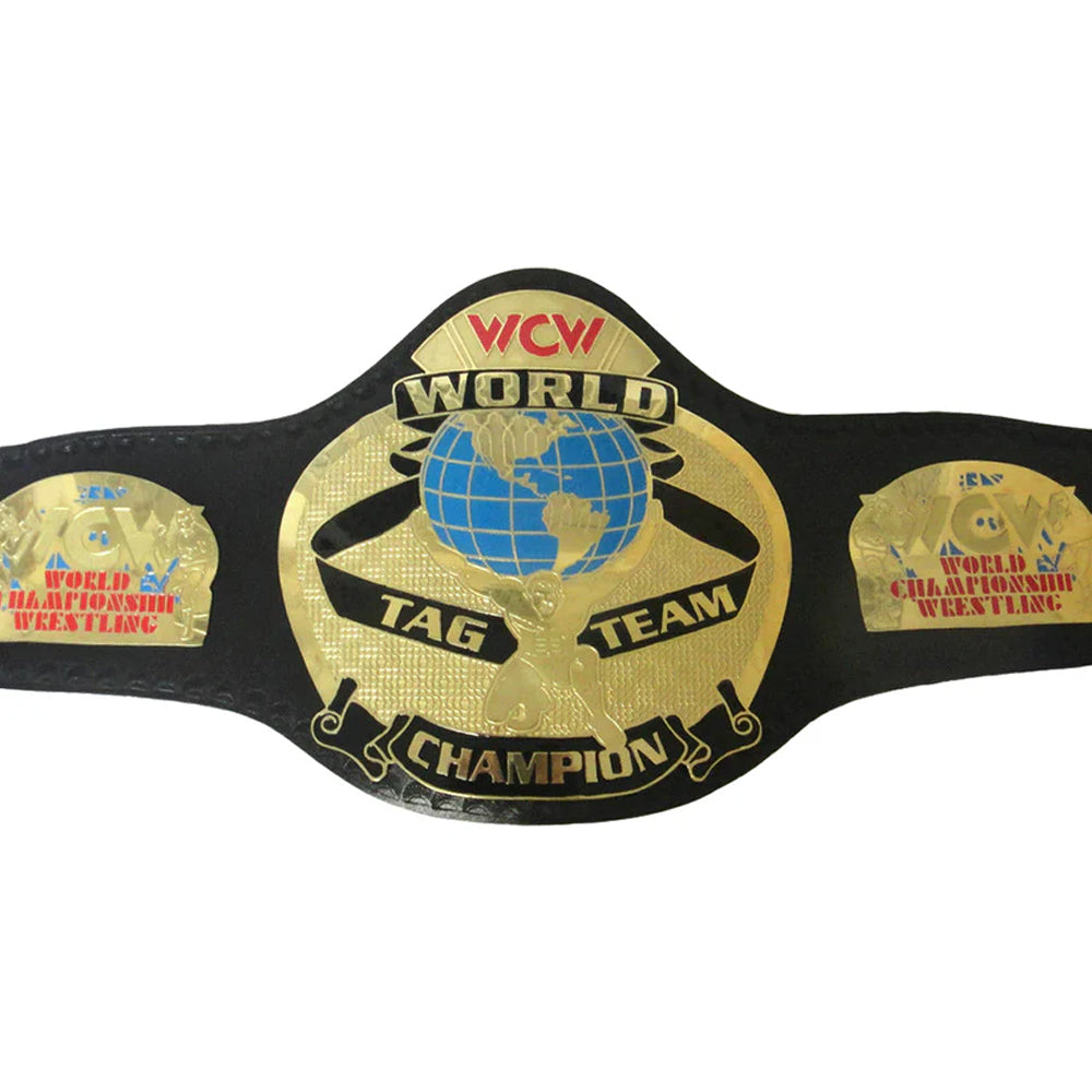 WCW tag team championship belt with gold plates and black leather strap by Wrestling Title Belts