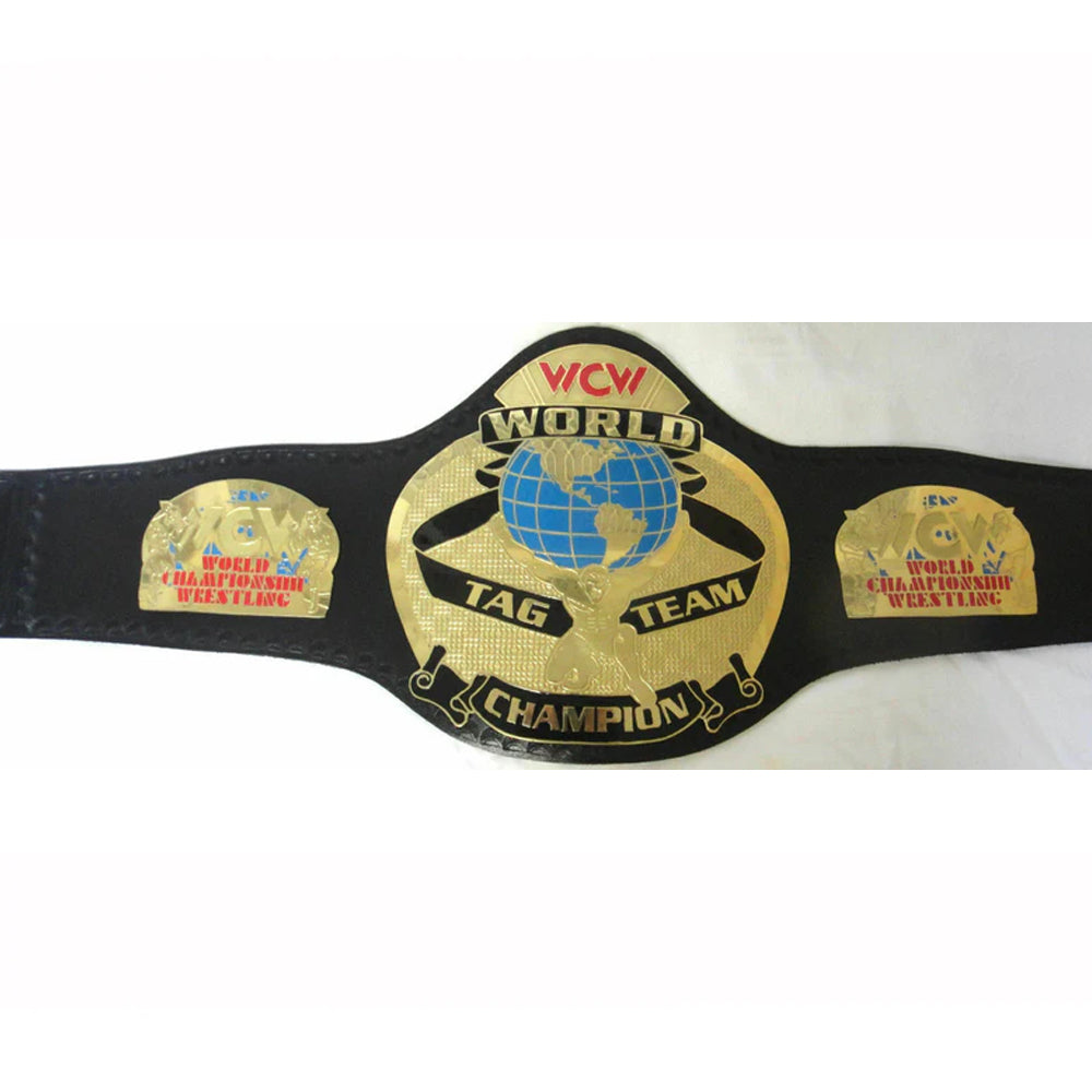 WCW tag team championship belt with black strap and gold plates from Wrestling Title Belts