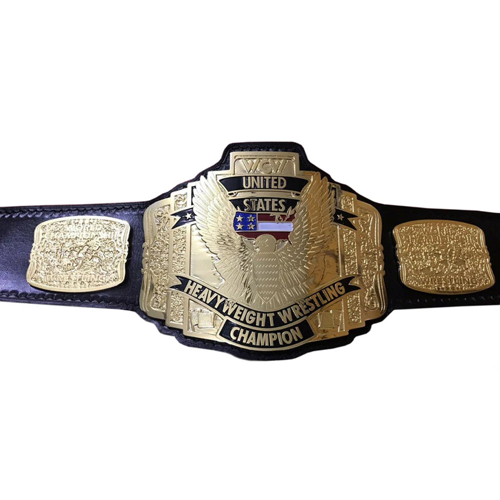 WCW United States Championship belt with detailed gold plates and black leather strap from Wrestling Title Belts