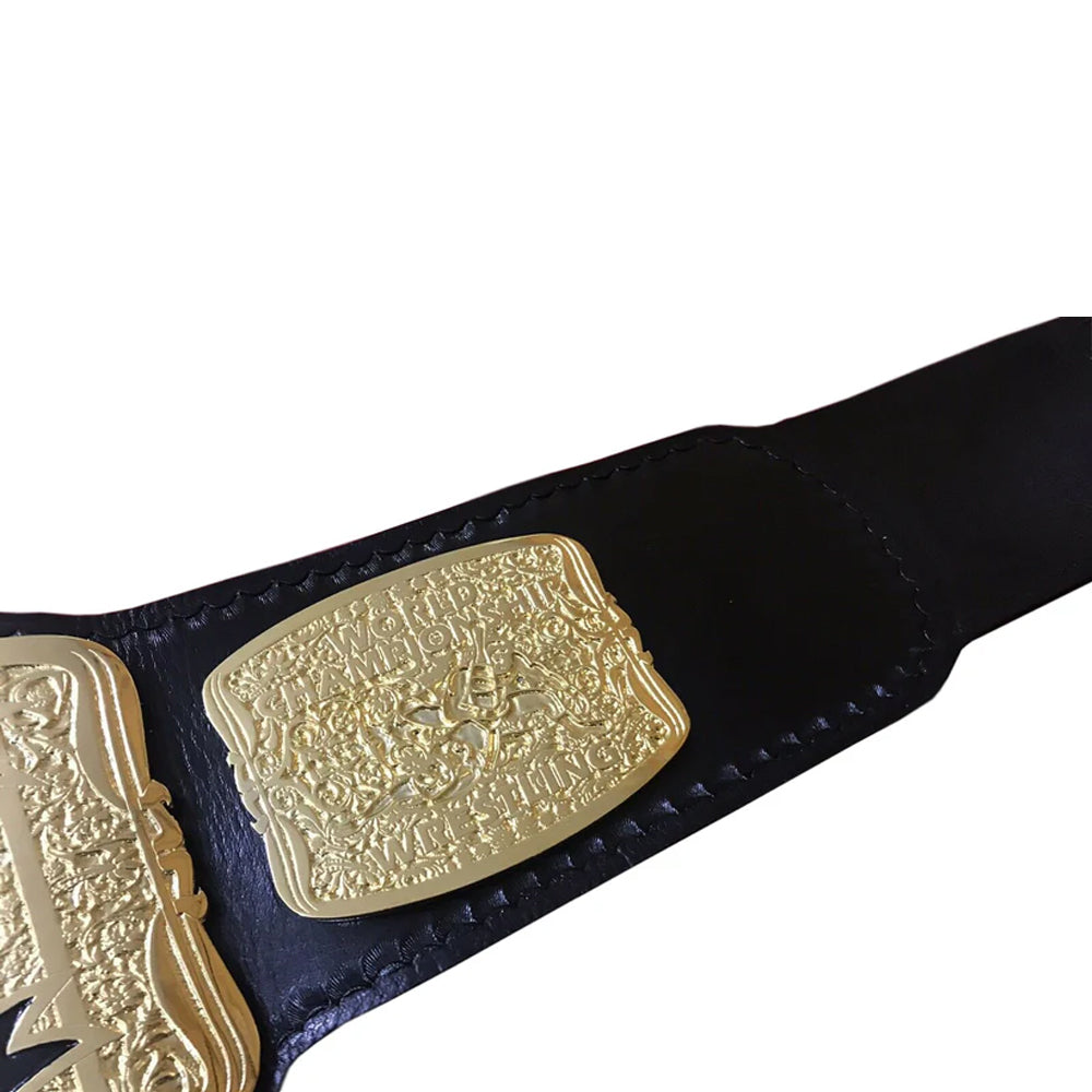 WCW United States Championship belt with detailed gold plates on black strap from Wrestling Title Belts