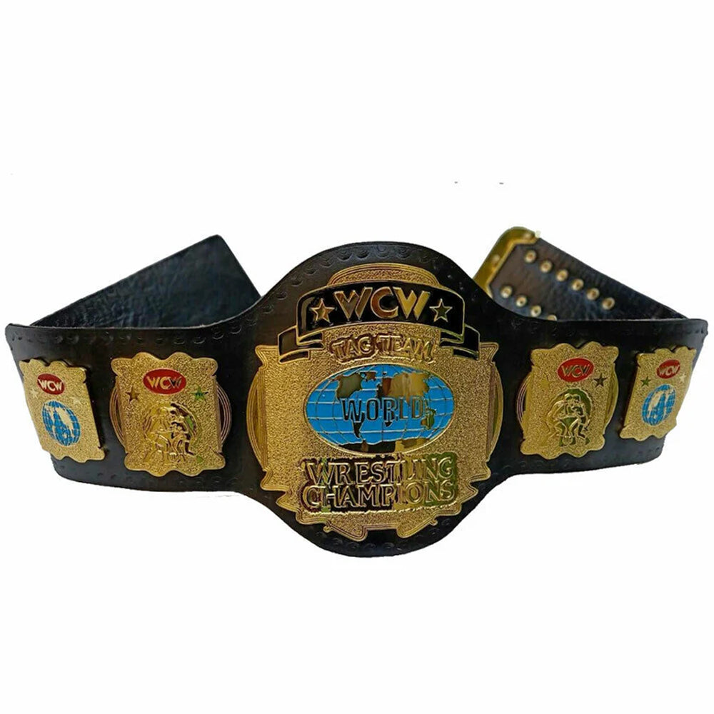 WCW World Tag Team title belt with detailed gold plates on black leather strap from Wrestling Title Belts