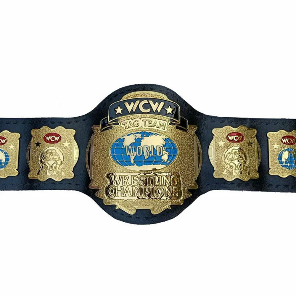 WCW World Tag Team title belt with gold plates and blue globe on black leather strap