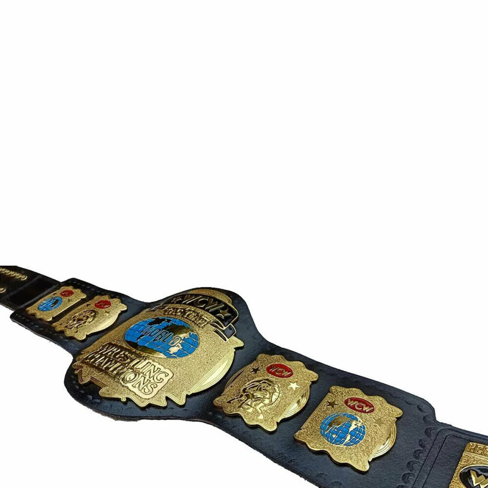 WCW World Tag Team title belt with gold plates and black leather strap by Wrestling Title Belts