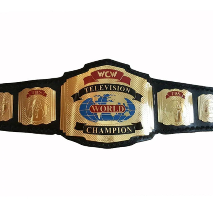 WCW World Television Championship belt with gold plates and black leather strap from Wrestling Title Belts
