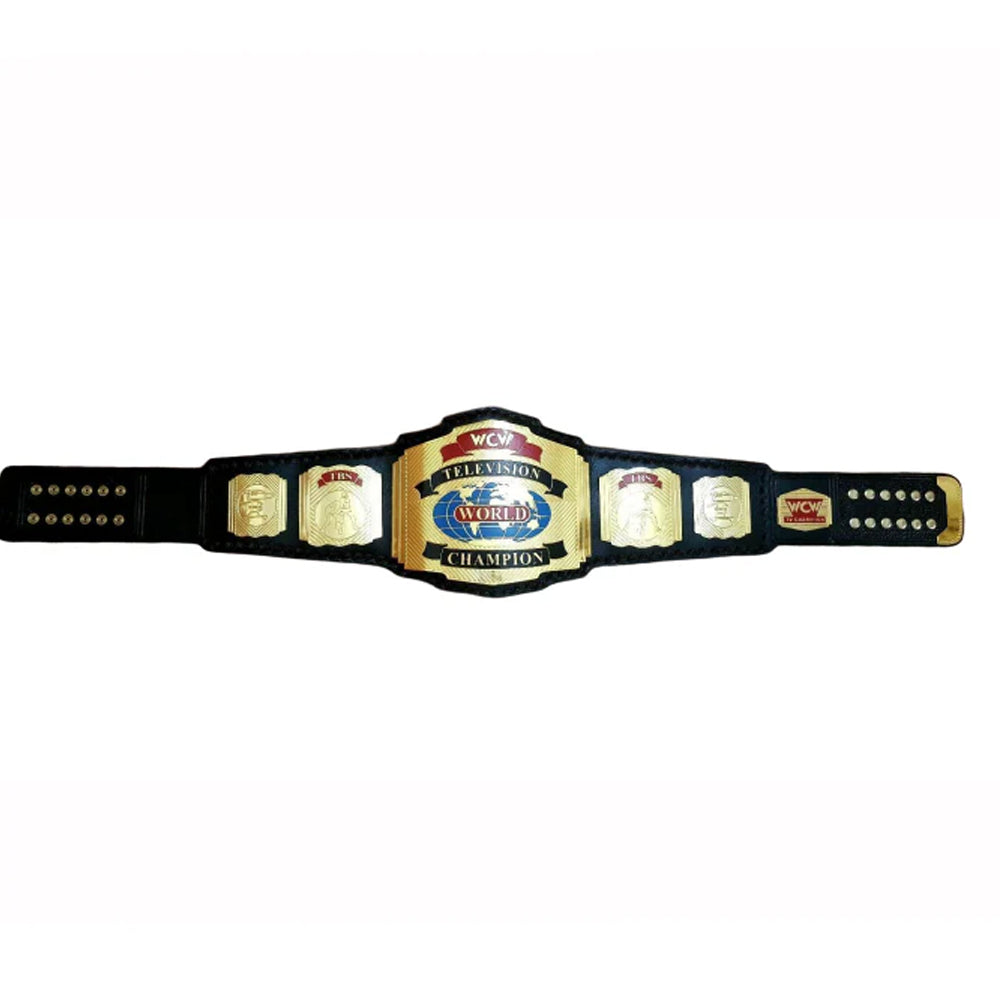 WCW World Television Championship belt with gold plates and black leather strap by Wrestling Title Belts