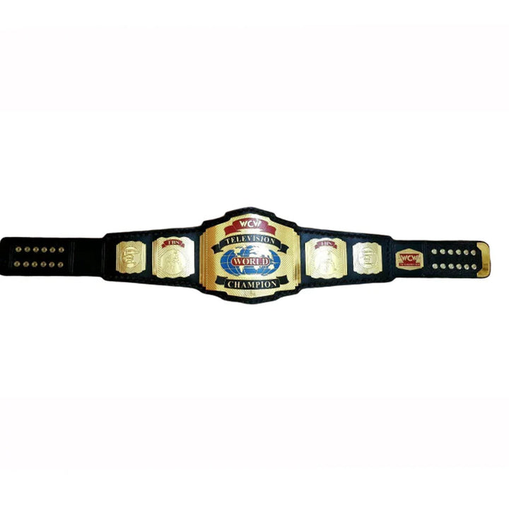 WCW World Television Championship belt with gold plates and black leather strap by Wrestling Title Belts