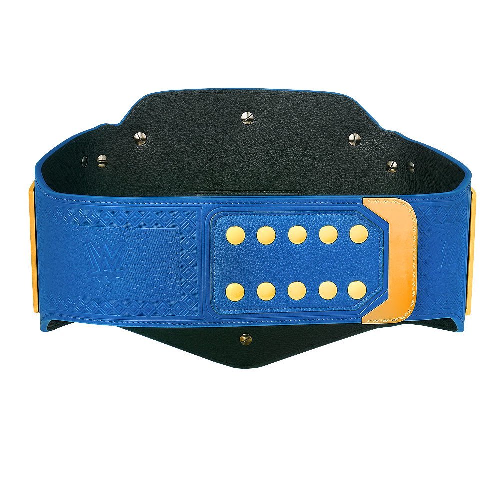 Blue WWE Universal Championship belt with gold studs and detailed embossing by Wrestling Title Belts