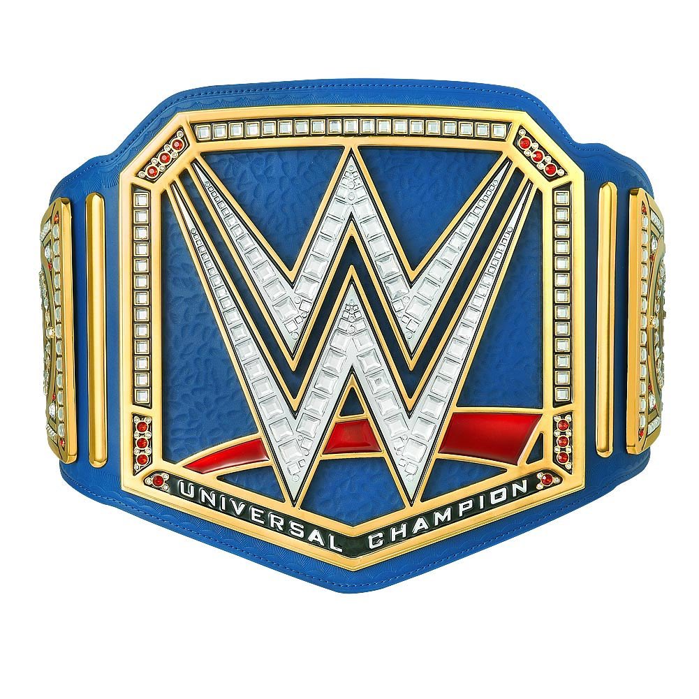 WWE Universal Championship belt with blue strap and gold detailed plates by Wrestling Title Belts
