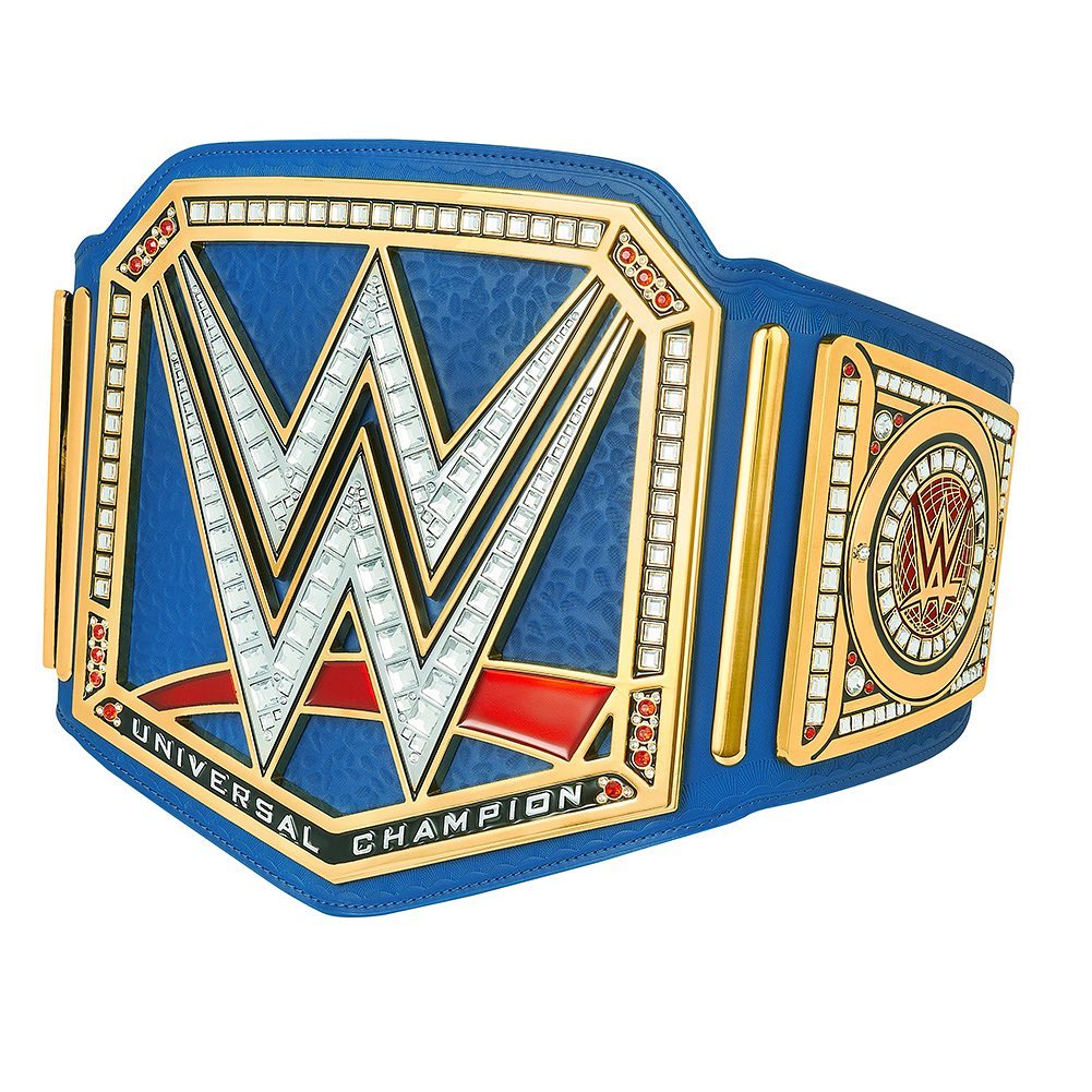 WWE Universal Championship belt with blue strap and detailed gold and silver design by Wrestling Title Belts