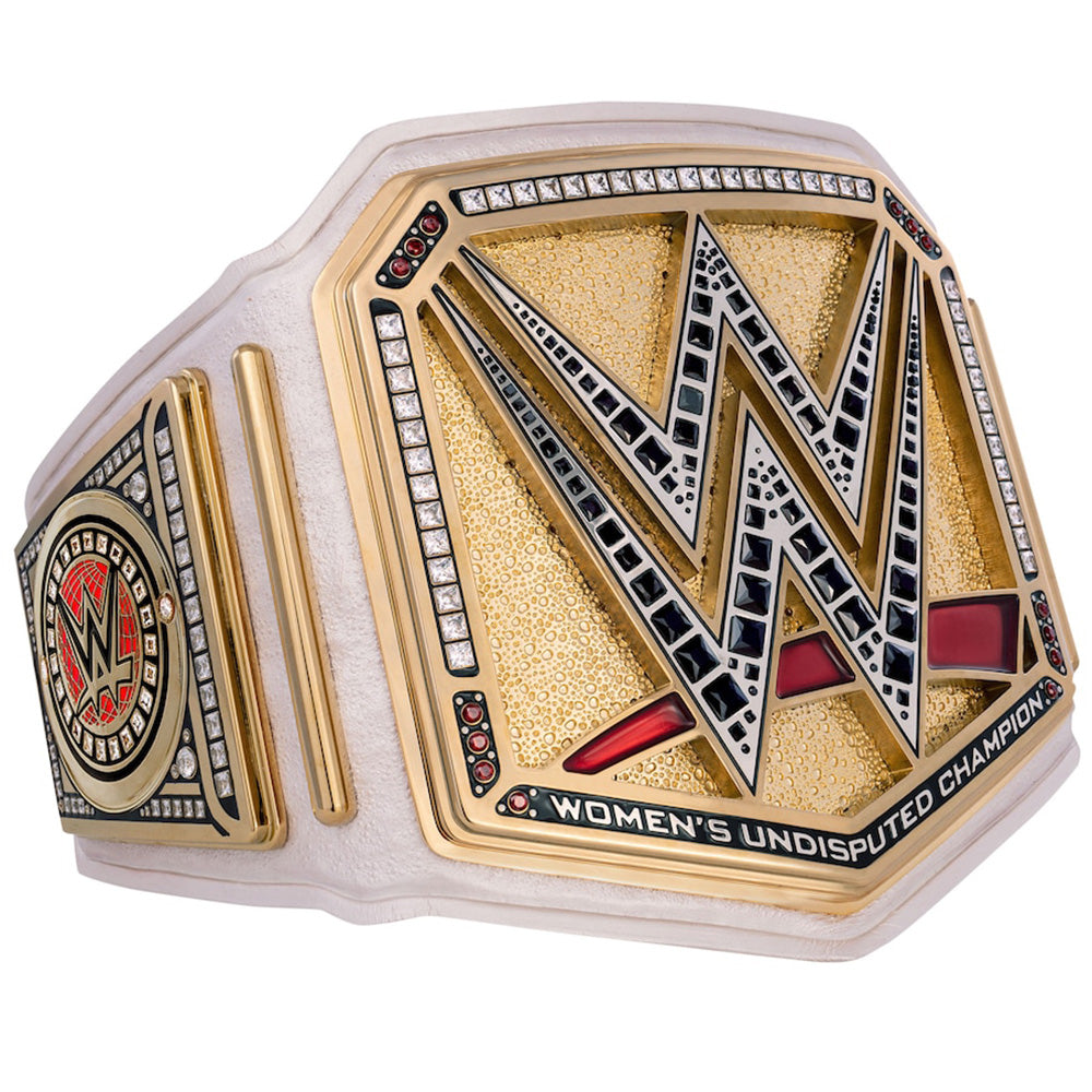 Women’s undisputed title belt for sale with gold plating and detailed WWE logo design