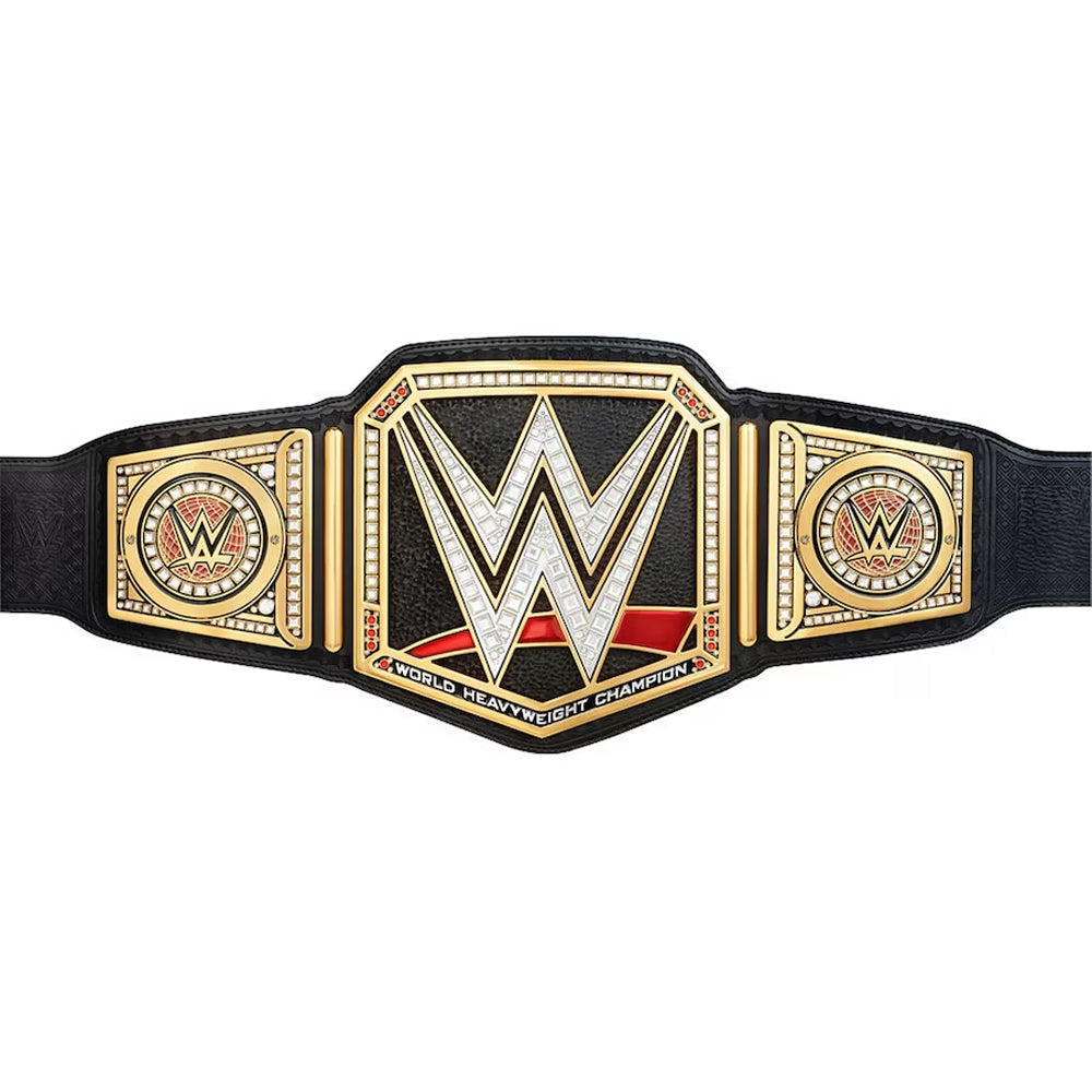 WWE championship replica belt with detailed gold plating and black leather strap from Wrestling Title Belts